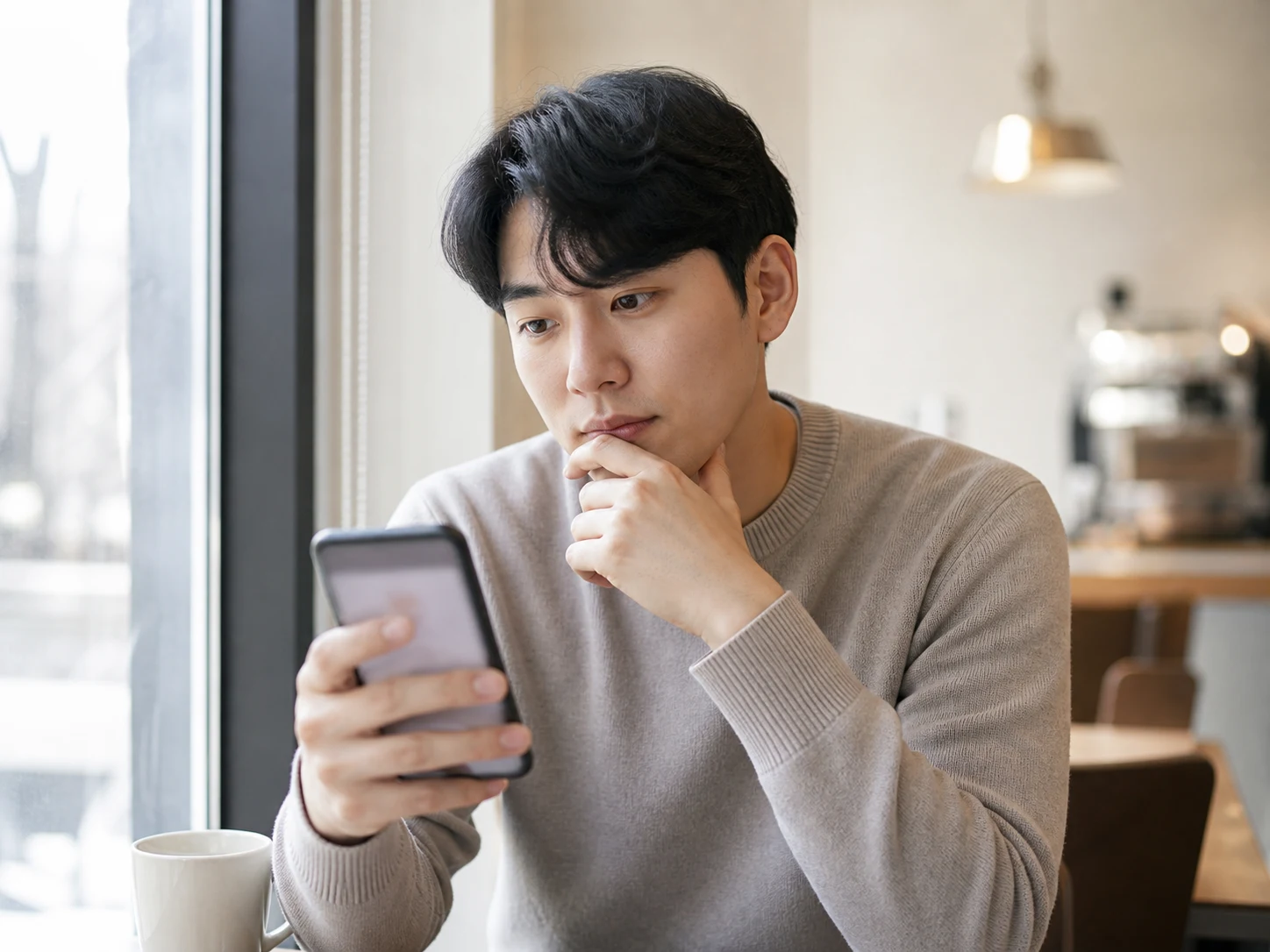 여드름 흉터 종류와 관련 정보를 스마트폰으로 검색하며 비교하는 장면