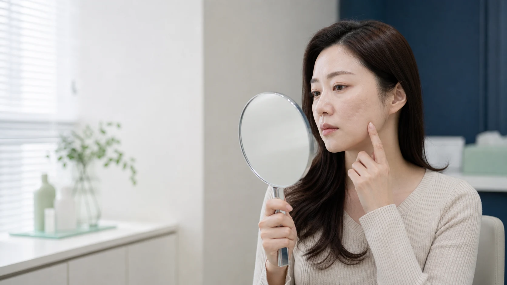 여드름 흉터 레이저 가격 상담 전 피부 상태를 확인하는 여성